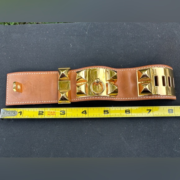🆒 Authentic Hermès Collier De Chien Cuff Bracelet gold plated hardware leather - Picture 12 of 16
